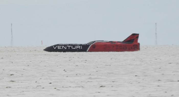 (Francisco Kjolseth  |  The Salt Lake Tribune)  The all electric Venturi vehicle from Ohio State University takes a run during Speed Week at the Bonneville Salt Flats outside Wendover on Monday, Aug. 14, 2017.