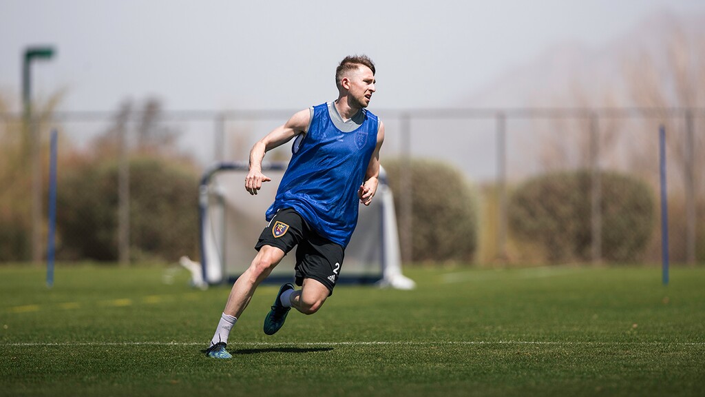(Real Salt Lake) Defender Andrew Brody runs during a Real Salt Lake practice in 2021. Days after signing a new contract extension with the club, Brody delivered a game-winning goal Saturday night against Austin FC.