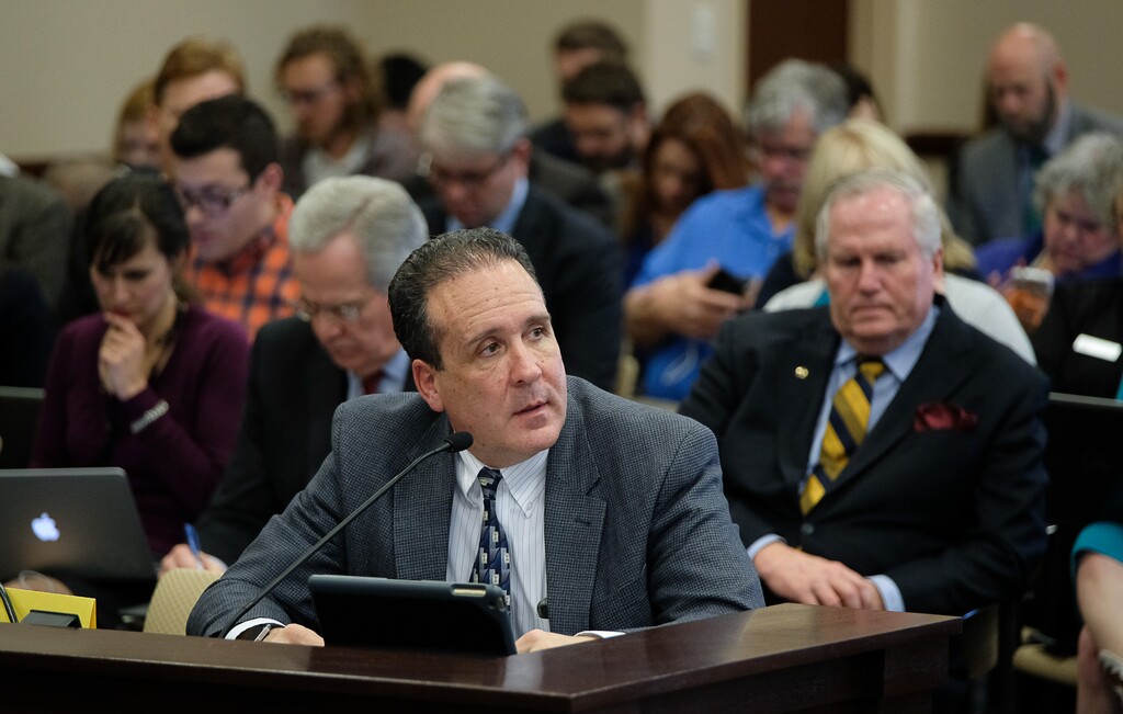 (Francisco Kjolseth  |  The Salt Lake Tribune) Rep. Brad Daw, R-Orem, speaks on behalf of the two cannabis bills he is sponsoring, HB197 and HB195, during the House Health and Human Services standing committee at the Utah Capitol on Wednesday, Jan. 31, 2018.