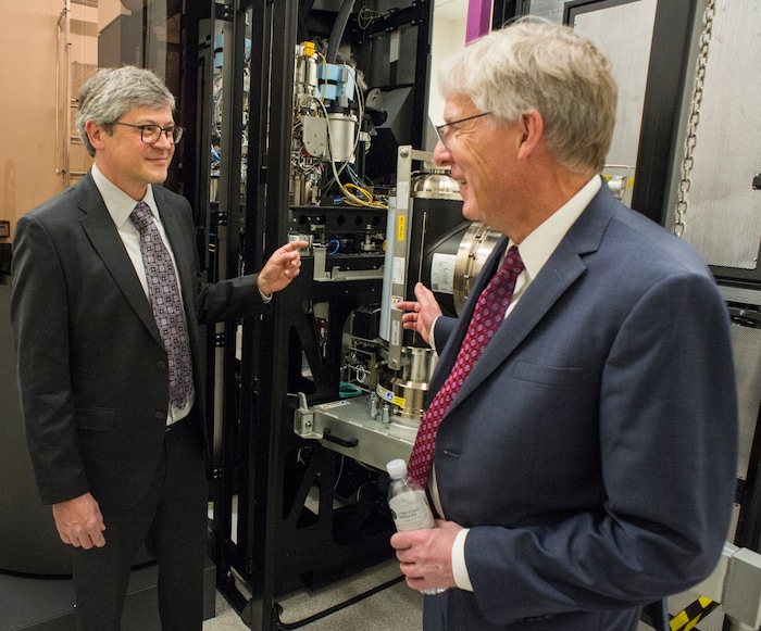 (Rick Egan  |  The Salt Lake Tribune)     Markus Babst, Interim director of Eyring Center for Cell and Genome Science And Professor of Biology visits with Henry White, Dean of the College of Science, at the opening of the new Gary and Ann Crocker Science Center at the University of Utah, Thursday, April 19, 2018.


