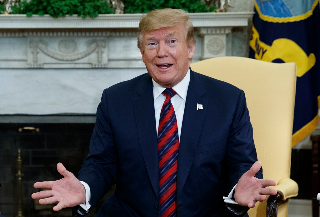 (AP Photo/Evan Vucci) In this April 11, 2019, photo, President Donald Trump speaks during a meeting with South Korean President Moon Jae-in in the Oval Office of the White House in Washington.