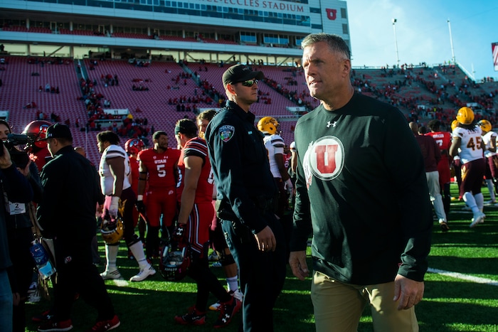 (Chris Detrick  |  The Salt Lake Tribune)  Utah Utes head coach Kyle Whittingham walks off of the field after the game at Rice-Eccles Stadium Saturday, October 21, 2017.  Arizona State Sun Devils defeated Utah Utes 30-10.