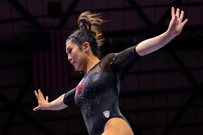 (Trent Nelson  |  The Salt Lake Tribune) Cristal Isa on the beam as the University of Utah hosts Arizona State, NCAA gymnastics in Salt Lake City on Friday, Jan. 24, 2020.
