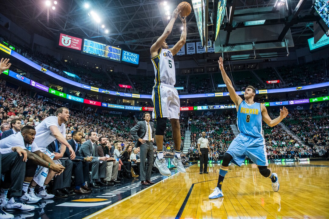Chris Detrick  |  The Salt Lake TribuneUtah Jazz guard Rodney Hood (5) shoots over Denver Nuggets forward Danilo Gallinari (8) during the game at Vivint Smart Home Arena Friday December 18, 2015.  