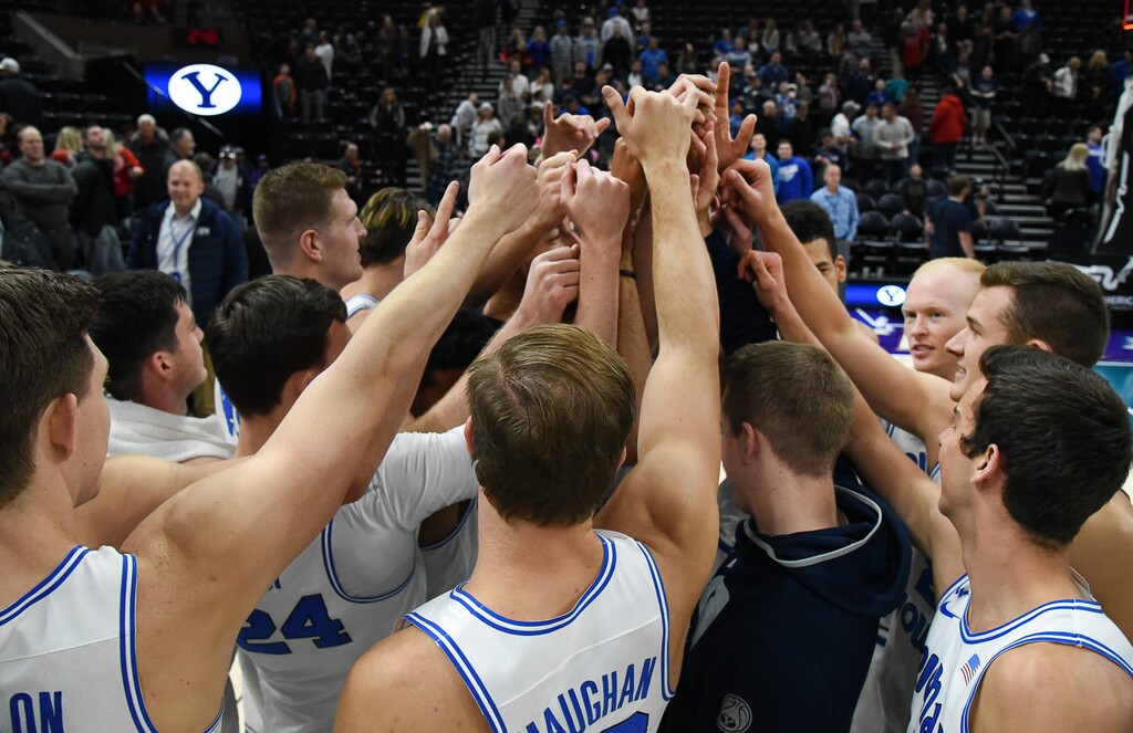 (Francisco Kjolseth  |  The Salt Lake Tribune)  BYU celebrates their 83-50 win over UNLV in men's NCAA basketball at Vivint Smart Home Arena in Salt Lake City on Sat. Dec. 7, 2019.