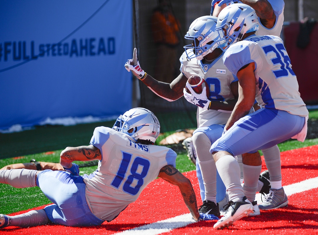 (Francisco Kjolseth  |  The Salt Lake Tribune)  Anthony Denham #88 poses for a photo after scoring a touchdown against the Memphis Express as the Stallions host the Alliance of American Football game in Salt Lake City on Saturday March 16, 2019.