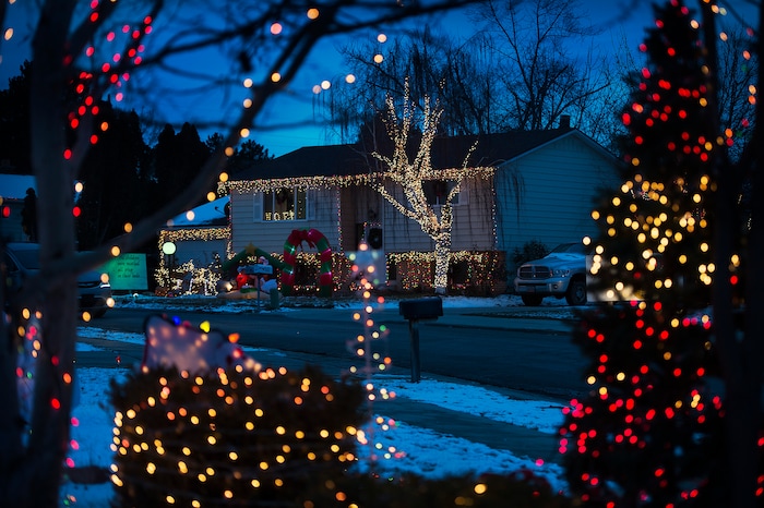 (Scott Sommerdorf | The Salt Lake Tribune)
A view of some of the houses on Royalwood Drive in Taylorsville, Friday, December 22, 2017. "Christmas Street" is a Taylorsville neighborhood where residents up and down the street decorate their homes every year with Christmas lights. The United States uses more electricity for Christmas lights than some countries use all year.