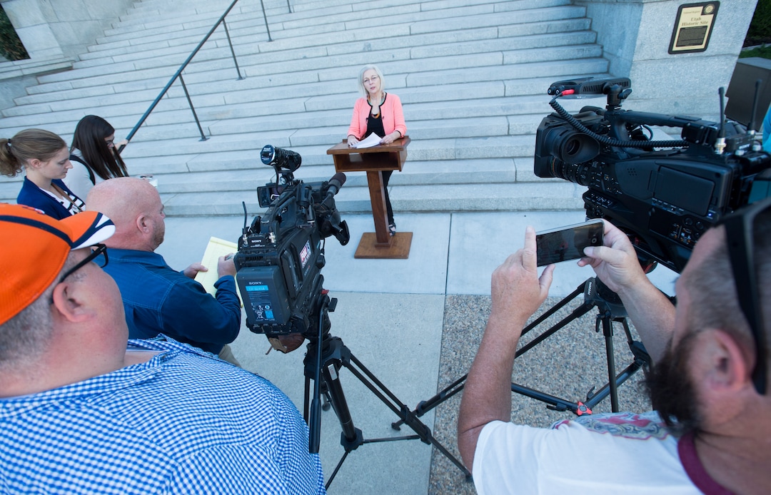 (Rick Egan  |  The Salt Lake Tribune)  Kathie Allen speaks at a media conference  in front of the historic Provo City and County Building, Thursday, August 24, 2017.