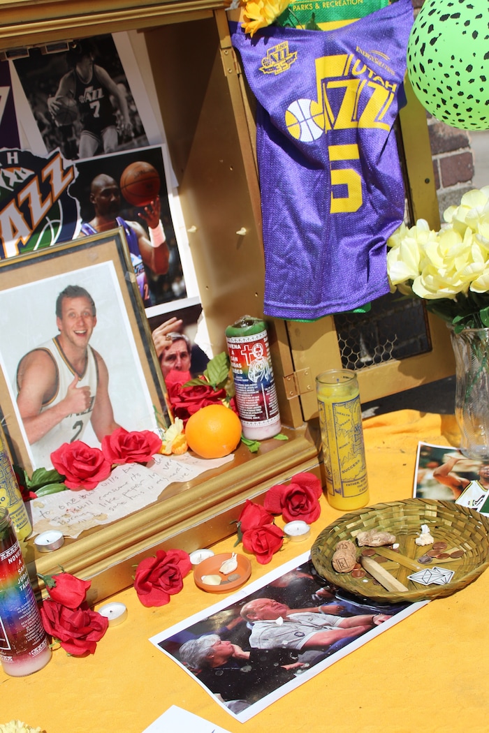 (Christopher Kamrani | The Salt Lake Tribune) A Utah Jazz playoff shrine on the corner of 200 East and 300 South in downtown Salt Lake City on Monday, April 23, 2018.