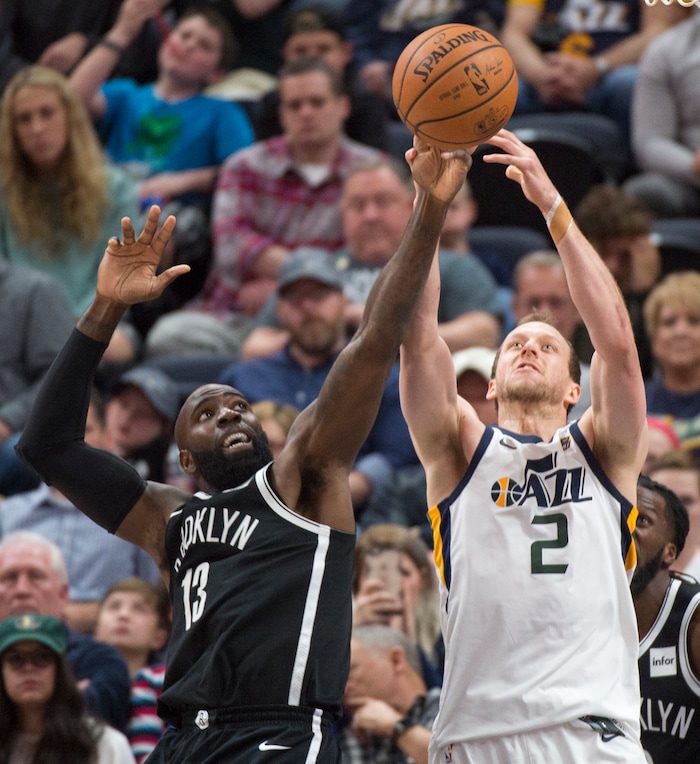 (Rick Egan  |  The Salt Lake Tribune)  Utah Jazz forward Joe Ingles (2) goes up for a rebound along with Brooklyn Nets forward Quincy Acy (13), in NBA action, Utah Jazz vs. Brooklyn Nets, in Salt Lake City, Saturday, November 11, 2017.