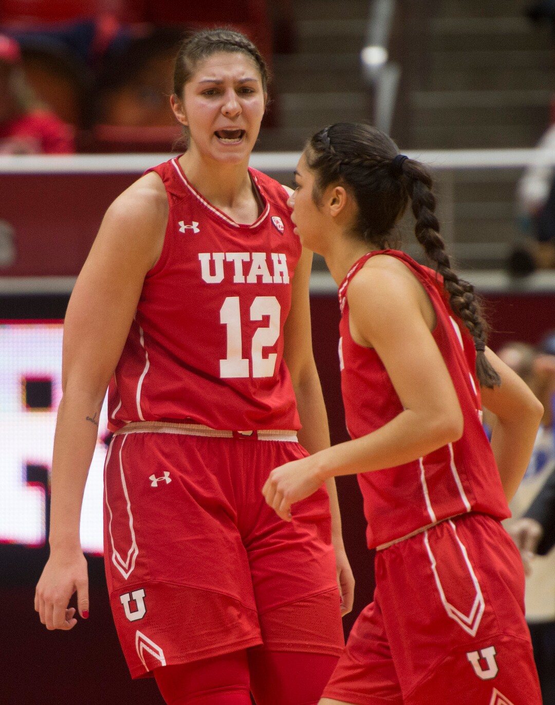 Rick Egan  |  The Salt Lake TribuneUtah Utes forward Emily Potter (12) shouts its  Malia Nawahine (3), after Nawahine hit a 3-point-shot to tie the game, in Basketball action, Brigham Young Cougars vs. the Utah Utes, Saturday, December 10, 2016.