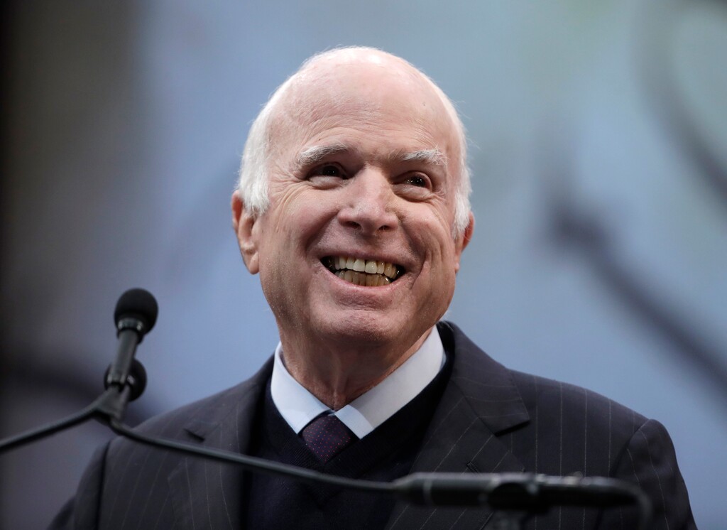 FILE - In this Oct. 16, 2017, file photo Sen. John McCain, R-Ariz., receives the Liberty Medal from the National Constitution Center in Philadelphia. (AP Photo/Matt Rourke, File)