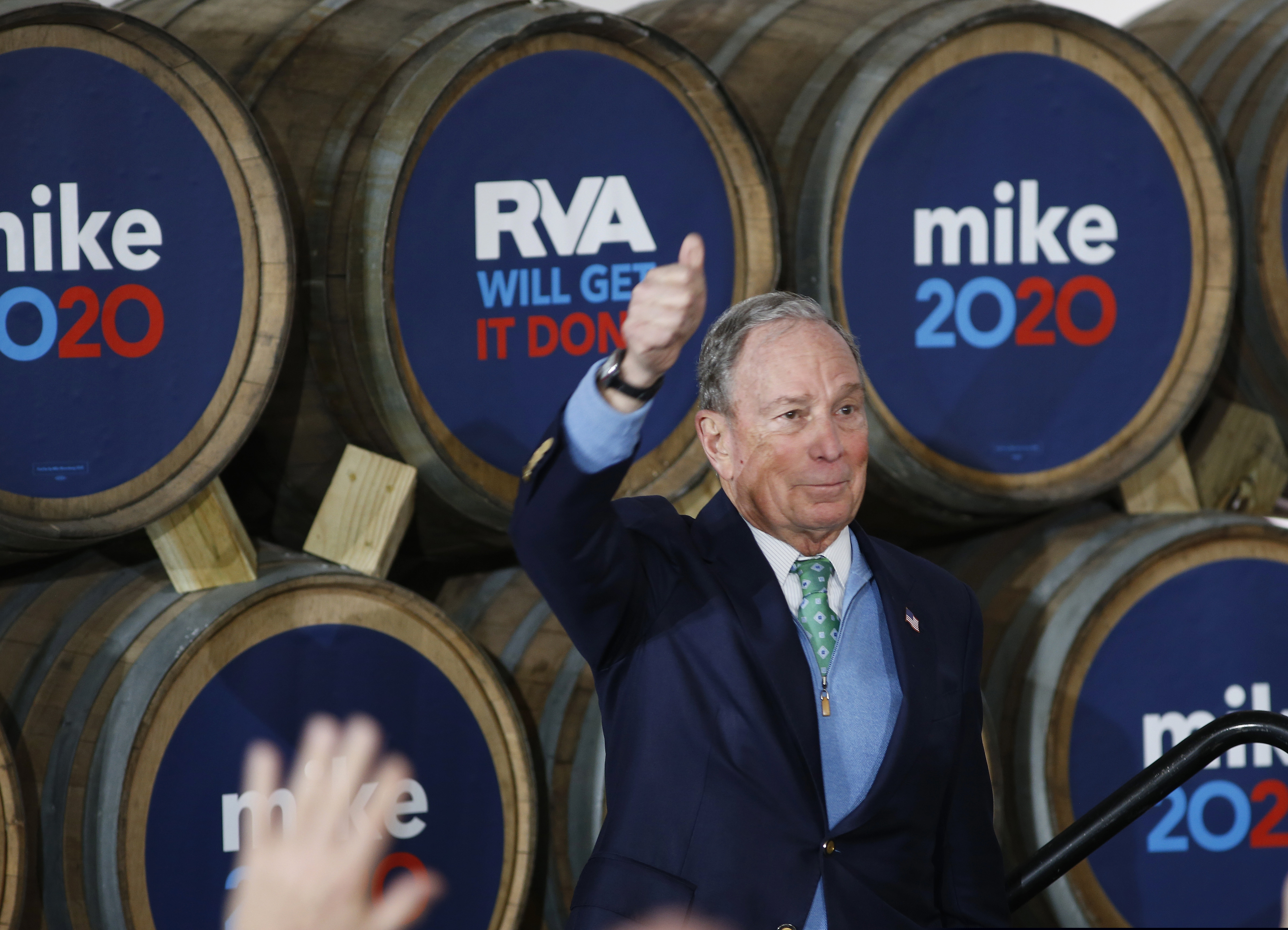 (James H. Wallace | Richmond Times-Dispatch via AP) Democratic presidential candidate Mike Bloomberg gives his thumbs-up after speaking during a campaign event at Hardywood Park Craft Brewery in Richmond, Va., Saturday, Feb. 15, 2020.