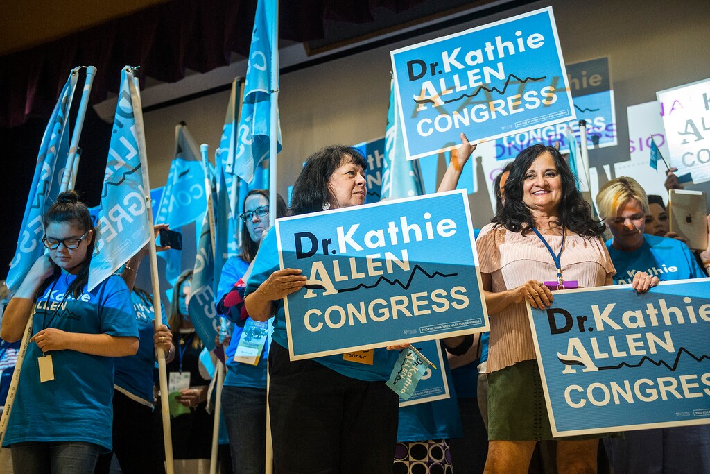 Chris Detrick  |  The Salt Lake TribuneSupporters of third congregational district candidate Dr. Kathie Allen listen as she speaks during the Utah State Democratic Party 2017 State Organizing Convention at Weber State University Shepard Union Saturday, June 17, 2017. 