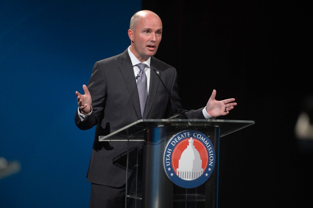 (Trent Nelson  |  The Salt Lake Tribune) Lt. Gov. Spencer Cox speaks while debating Chris Peterson in Salt Lake City on Tuesday, Sept. 29, 2020.