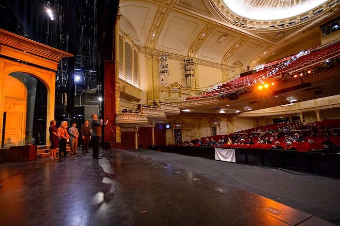 (Trent Nelson  |  The Salt Lake Tribune)  
The reopening of the Capitol Theatre after being closed six months for renovation was celebrated in Salt Lake City on Friday, Oct. 11, 2019. Speaking is Utah Opera Artistic Director Christopher McBeth.