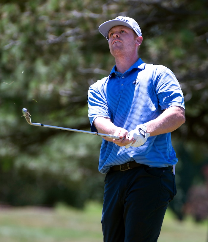 (Rick Egan  |  The Salt Lake Tribune)     Patrick Fishburn from Farr West, UT, watches his approach shot land on the green, in second round of the Utah Championship golf event on the Web.com Tour at Oakridge Country Club in Farmington.  Fishburn finished 8 under par, Friday, July 13, 2018.


