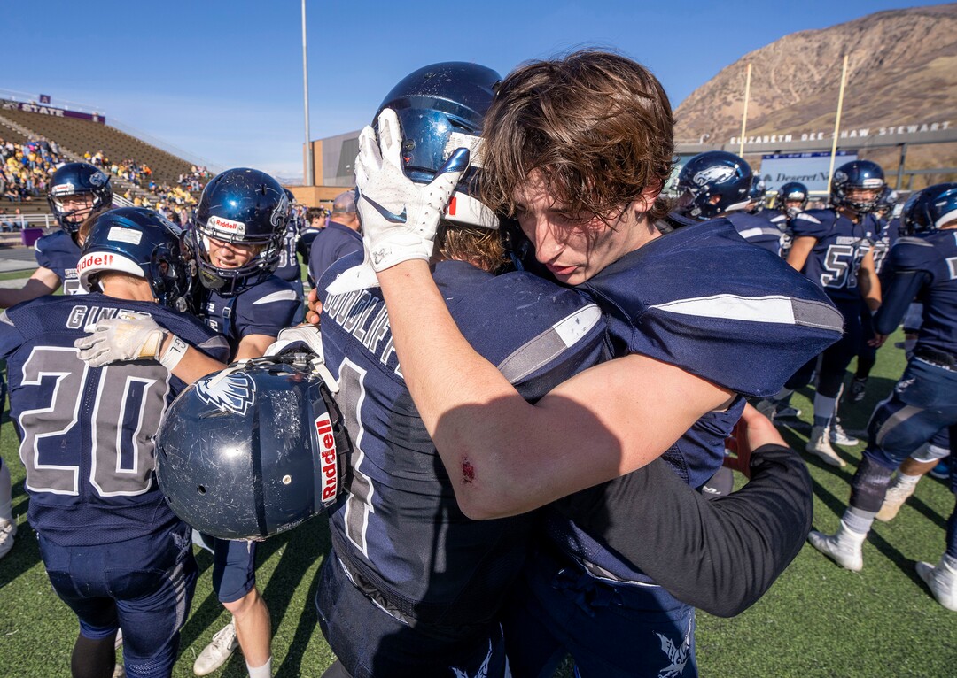 (Rick Egan | The Salt Lake Tribune) The Duchesne Eagles celebrate their victory over the Layton Christian Academy Eagles, for the 2A Football Championship, at the Elizabeth Dee Shaw Stewart Stadium in Ogden, on Saturday, Nov. 13, 2021.