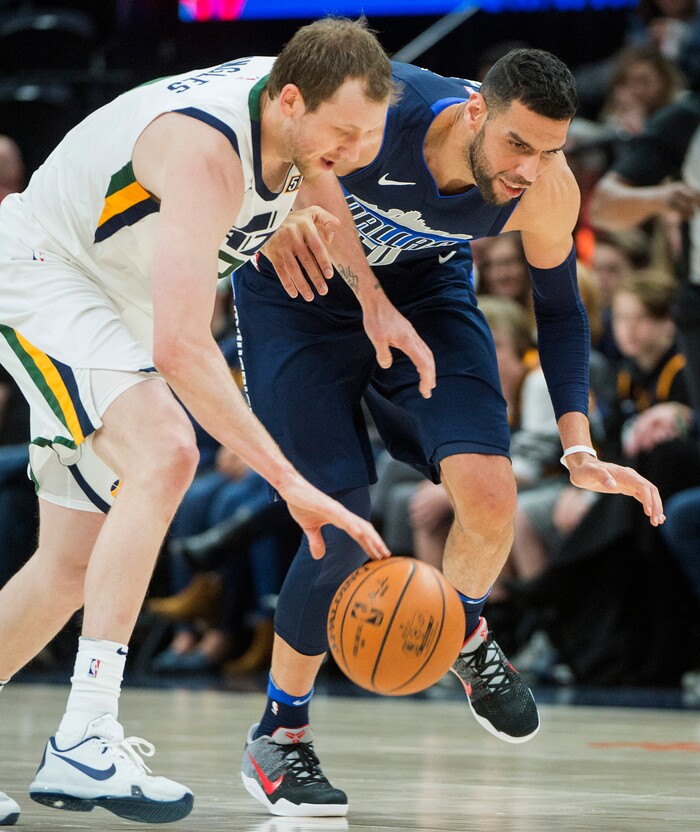 (Rick Egan  |  The Salt Lake Tribune)    Utah Jazz forward Joe Ingles (2) steals the ball from Dallas Mavericks center Salah Mejri (50), in NBA action between Utah Jazz and Dallas Mavericks in Salt Lake City, Saturday, Feb. 24, 2018.