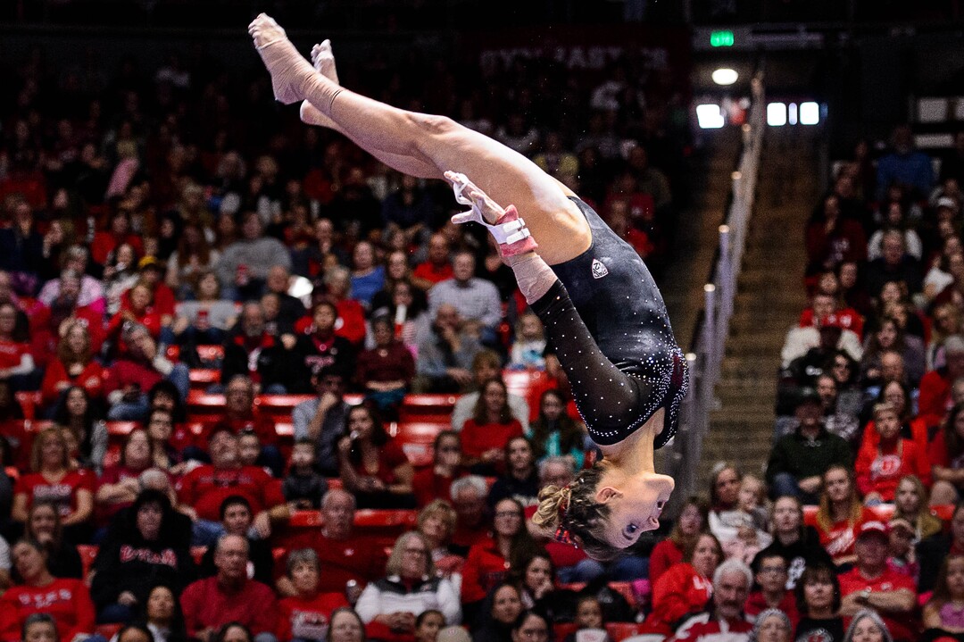 Trent Nelson  |  The Salt Lake TribuneUtah's Tiffani Lewis on the bars as the University of Utah hosts Cal, NCAA Gymnastics at the Huntsman Center, Saturday February 4, 2017.