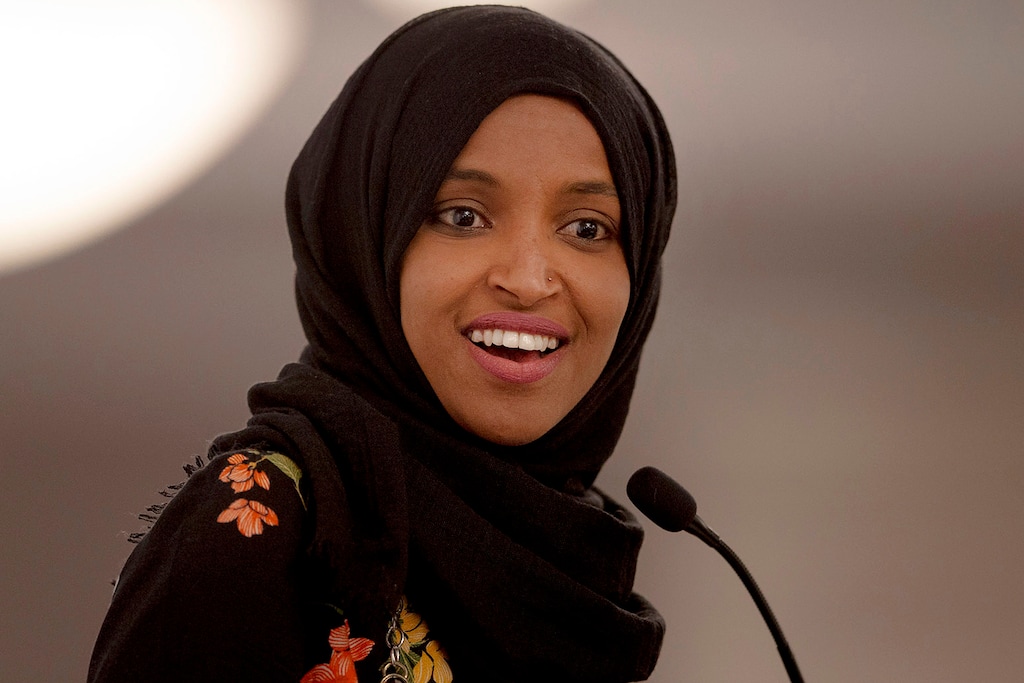FILE - In this May 18, 2019, photo, Rep. Ilhan Omar, D-Minn., speaks during the fourth annual Citywide Iftar Dinner in Austin, Texas. In tweets Sunday, President Donald Trump portrays the lawmakers as foreign-born troublemakers who should go back to their home countries. In fact, the lawmakers, except one, were born in the U.S. He didn’t identify the women but was referring to Reps. Alexandria Ocasio-Cortez, Ilhan Omar, Ayanna Pressley and Rashida Tlaib. (Nick Wagner/Austin American-Statesman via AP, File)