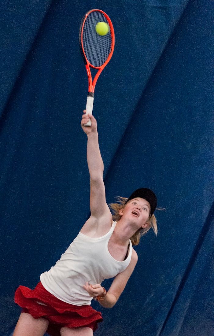 Michael Mangum  |  Special to the TribuneWaterford's Sophie Christensen takes a serve during the Utah high school state tennis finals at the Salt Lake Tennis & Health Club in Salt Lake City on Saturday, September 30, 2017. Christensen was defeated by Rowland Hall's Katie Foley for the 3A 1st singles state championship.
