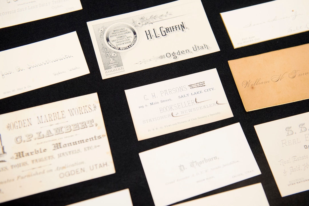 (Jeremy Harmon  |  The Salt Lake Tribune) These business cards were found inside a time capsule that was buried in the corner stone of Ogden Academy on September 27, 1887. Items from the time capsule were displayed at the Utah State Archives on Wednesday, Oct. 16, 2019.