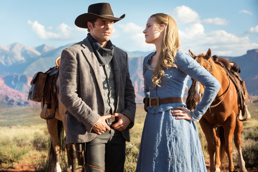 John P. Johnson  |  HBOJames Marsden as Teddy Flood and Evan Rachel Wood as Dolores Abernathy in ÒWestworld.Ó