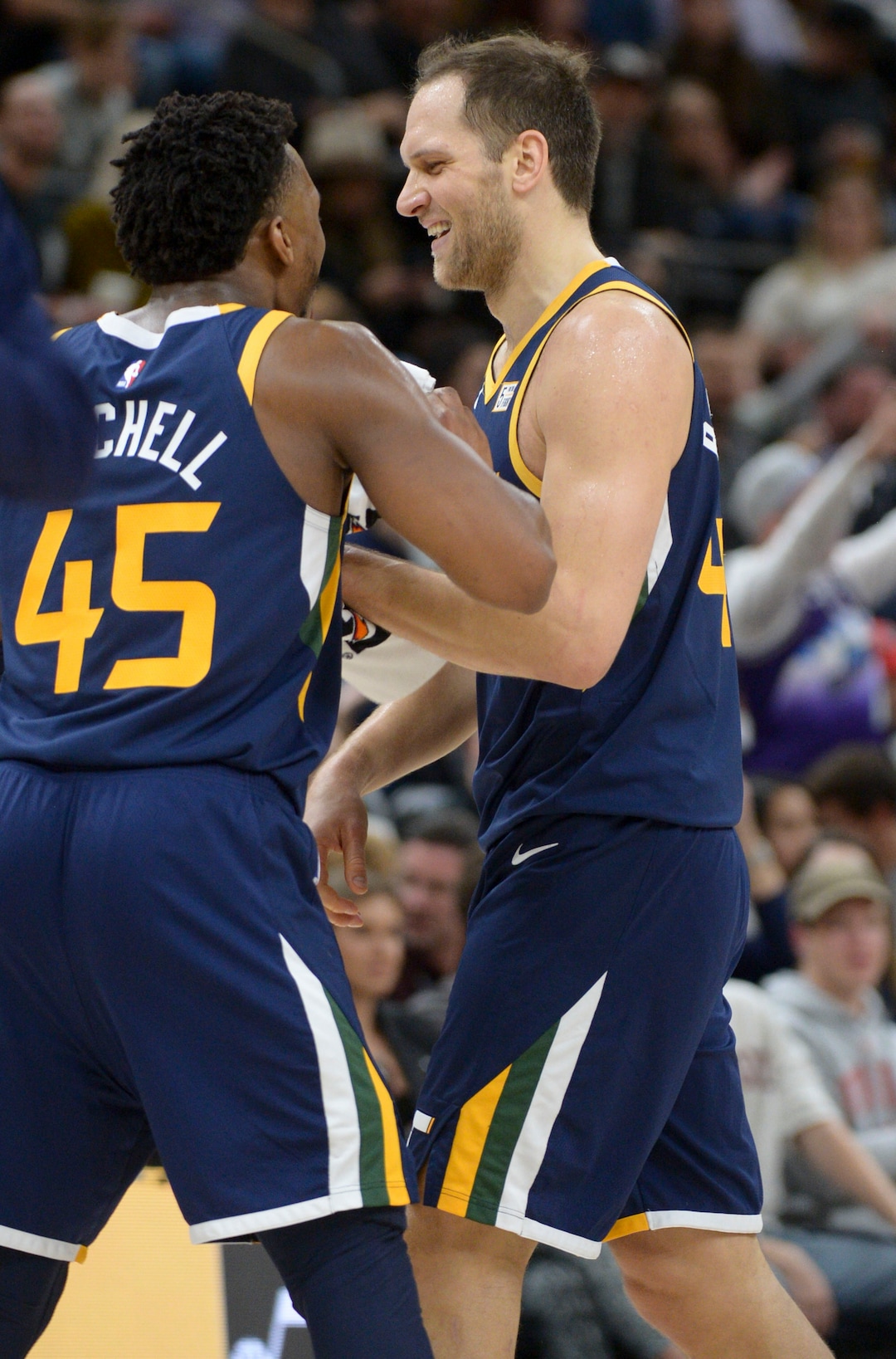 (Leah Hogsten  |  The Salt Lake Tribune) Utah Jazz guard Donovan Mitchell (45) and Utah Jazz forward Bojan Bogdanovic (44) as the Utah Jazz defeated the Golden State Warriors, 114-106, Dec. 13, 2019 at Vivint Arena.