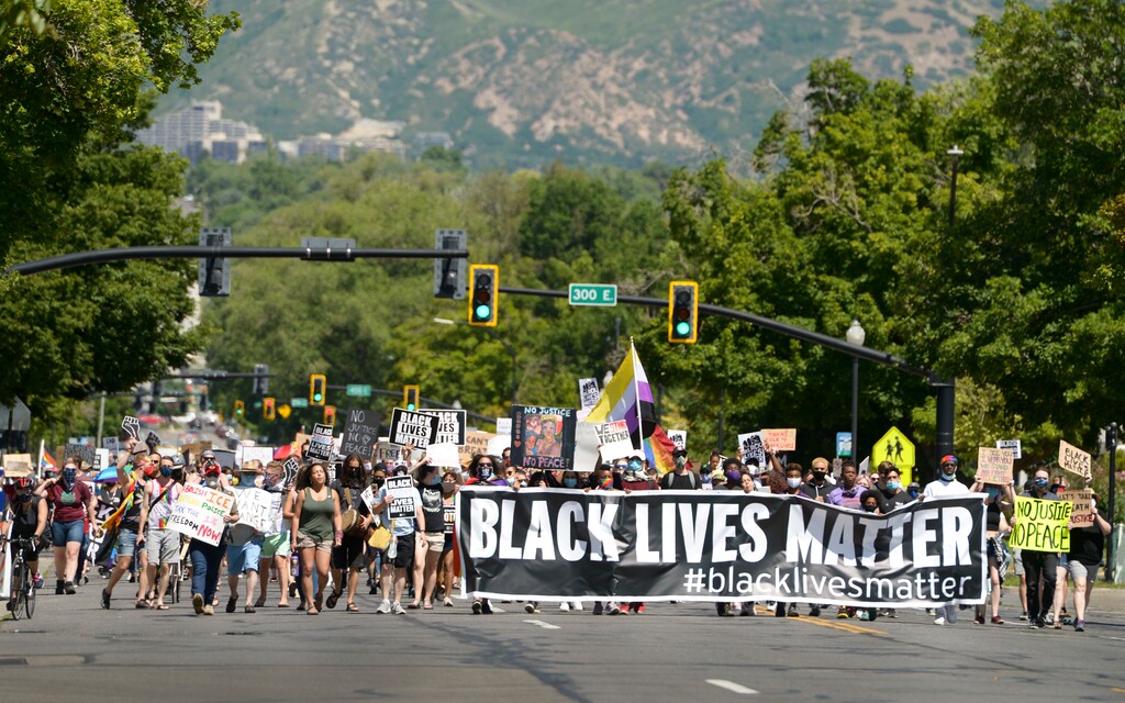 (Leah Hogsten  |  The Salt Lake Tribune) Over 1,000 Pride for Black Lives Matter supporters rallied at Liberty Park, Sunday, June 14, 2020 for over three hours before marching throughout Salt Lake City to join the Las Vidas Negras Importan Rally at Washington Square. 