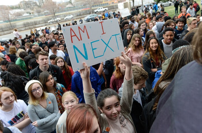 (Francisco Kjolseth  |  The Salt Lake Tribune)  West High School 7th grader Sadie Nelson-Stippich, 12, joins fellow students after walking out of classes in Salt Lake, during a planned student walkout on Wed. March 14, 2018. Students in Utah and around the country planned the large-scale coordinated demonstration to protest gun violence and memorialize victims of last month's mass shooting at Marjory Stoneman Douglas High School in Parkland, Fla.