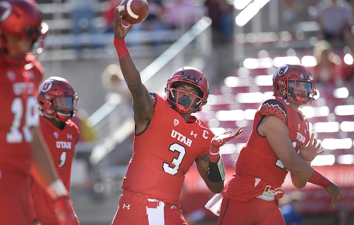 Scott Sommerdorf   |  The Salt Lake Tribune  
Utah QB Troy Williams during pre-game warm ups. Utah players stretch before the kickoff against BYU, Saturday, September 10, 2016.