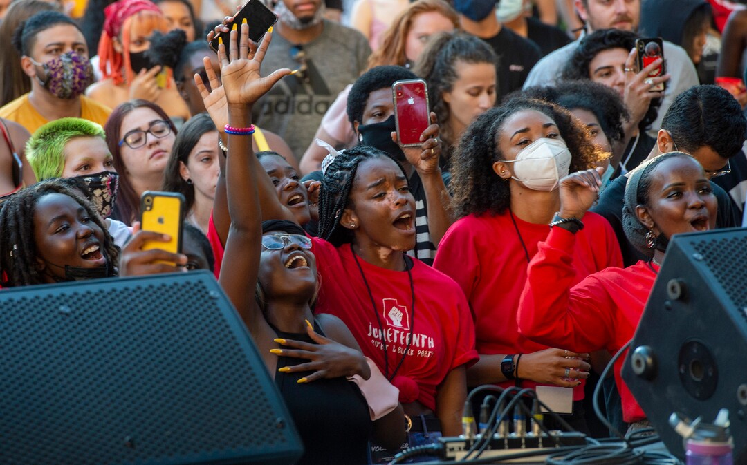 (Rick Egan  |  The Salt Lake Tribune)  The crowd reacts as Aaliyah Rose performs at Washington Square in Salt Lake City during the Juneteenth Celebration, on Friday, June 19, 2020.