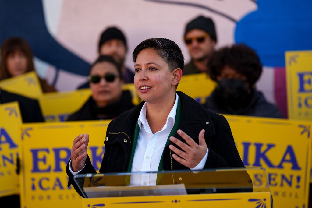 (Trent Nelson | The Salt Lake Tribune) Erika Carlsen announces her campaign to replace Darin Mano on the Salt Lake City Council at an event in Salt Lake City on Tuesday, Jan. 28, 2025.