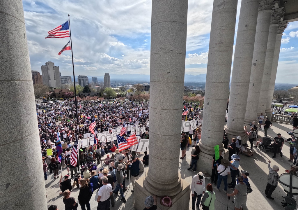 (Francisco Kjolseth | The Salt Lake Tribune) Thousands gather at the Capitol in Salt Lake City for a “No Kings” rally, Saturday, March 28, 2026.