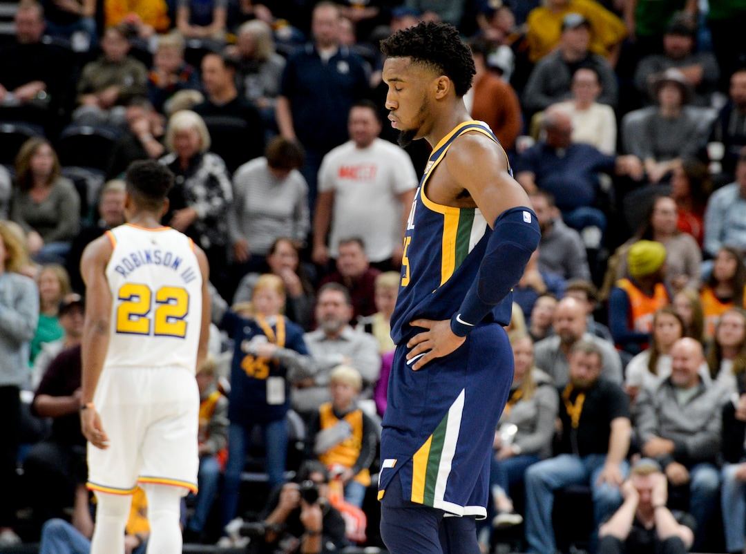 (Leah Hogsten  |  The Salt Lake Tribune) Utah Jazz guard Donovan Mitchell (45) reacts in the final seconds as the Utah Jazz defeated the Golden State Warriors, 114-106, Dec. 13, 2019 at Vivint Arena.