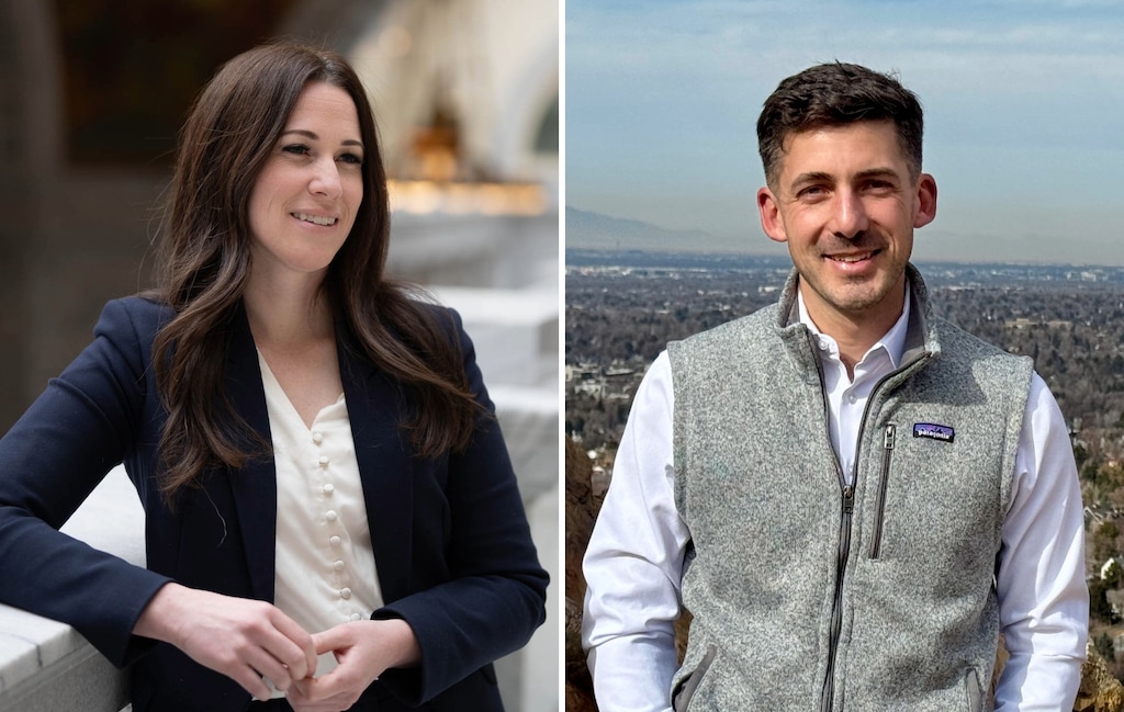 (Francisco Kjolseth | The Salt Lake Tribune; Khater campaign) Stephanie Pitcher, left, and Tayler Khater, candidates for the Democratic nomination for Senate District 14.