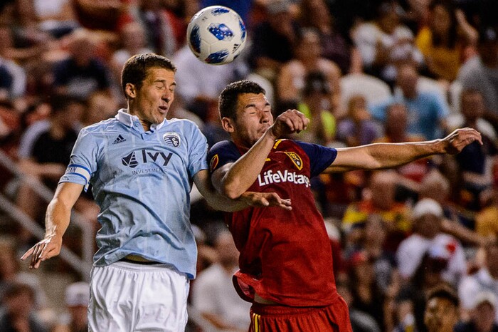 (Trent Nelson | The Salt Lake Tribune)
Sporting Kansas City defender Matt Besler (5) and Real Salt Lake forward Ricky Lopez-Espin (28) as Real Salt Lake hosts Sporting Kansas City in a U.S. Open Cup match in Sandy, Wednesday June 6, 2018.