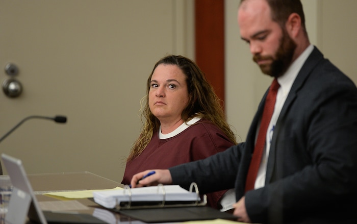 (Francisco Kjolseth  |  The Salt Lake Tribune)  Shutney Kyzer attends her preliminary hearing alongside defense attorney Neil Webster on Monday, Jan. 8, 2018, for allegedly driving a car onto the sidewalk in downtown Salt Lake City on July 4, 2017, killing one homeless person, 27-year-old Kendra Griffis, and injuring five others.