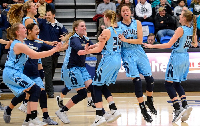 (Trent Nelson | The Salt Lake Tribune)  Westlake players celebrate the win as Hillcrest faces Westlake in the 6A High School Girls' Basketball Tournament at SLCC in Taylorsville, Thursday Feb. 22, 2018.