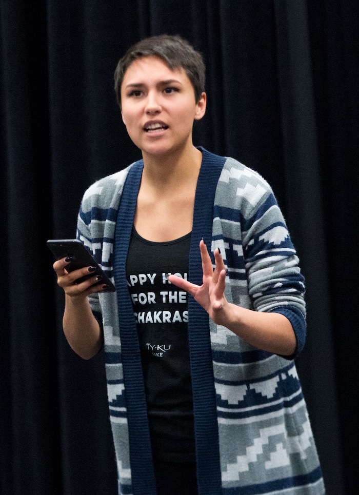 (Rick Egan  |  The Salt Lake Tribune)      Granger High School student Serena Smith performs during a competition for EduHam, an education program that accompanies the Salt Lake City run of "Hamilton." Granger theater teachers Kirsten Anderson and Brian Fuller said 81 students at the West Valley City school participated in the program, which asks students to study original founding documents and create an original work of art -- rap, song, poem, essay, etc. -- from a big moment. Twelve of the regional winners will be invited to perform before a matinee performance of "Hamilton" on May 4. Utah's program is the first to be funded in a public-private match. Wednesday, April 11, 2018.