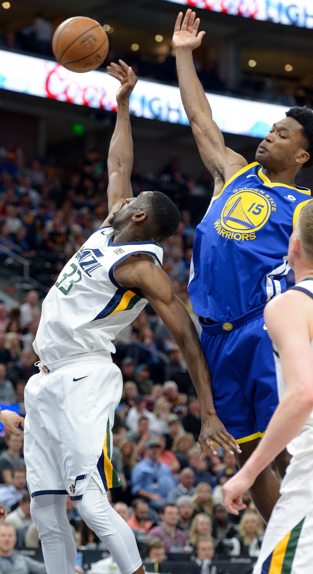 (Leah Hogsten  |  The Salt Lake Tribune)  Utah Jazz center Ekpe Udoh (33) pulls in the rebound The Utah Jazz defeated the Golden State Warriors 119-79 during their game, Tuesday, April 10, 2018 at the Vivant Smart Home Arena. 