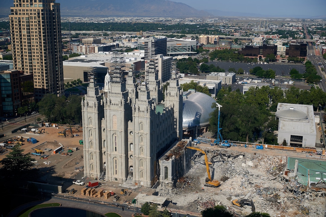 (Photo courtesy The Church of Jesus Christ of Latter-day Saints) In this July 2020 photo, crews dismantle the 1960s additions to the Salt Lake Temple.