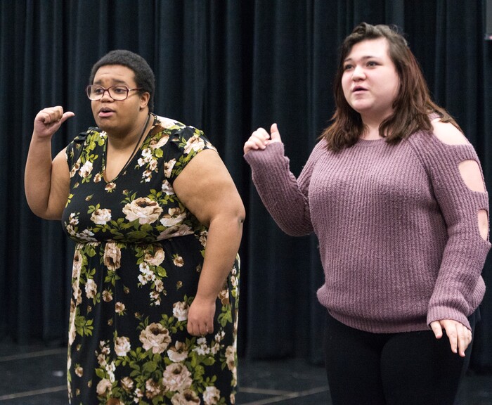 (Rick Egan  |  The Salt Lake Tribune)      Granger High School students Aliya Palmer and Jaden Romero perform during a competition for EduHam, an education program that accompanies the Salt Lake City run of "Hamilton." Granger theater teachers Kirsten Anderson and Brian Fuller said 81 students at the West Valley City school participated in the program, which asks students to study original founding documents and create an original work of art -- rap, song, poem, essay, etc. -- from a big moment. Twelve of the regional winners will be invited to perform before a matinee performance of "Hamilton" on May 4. Utah's program is the first to be funded in a public-private match. Wednesday, April 11, 2018.