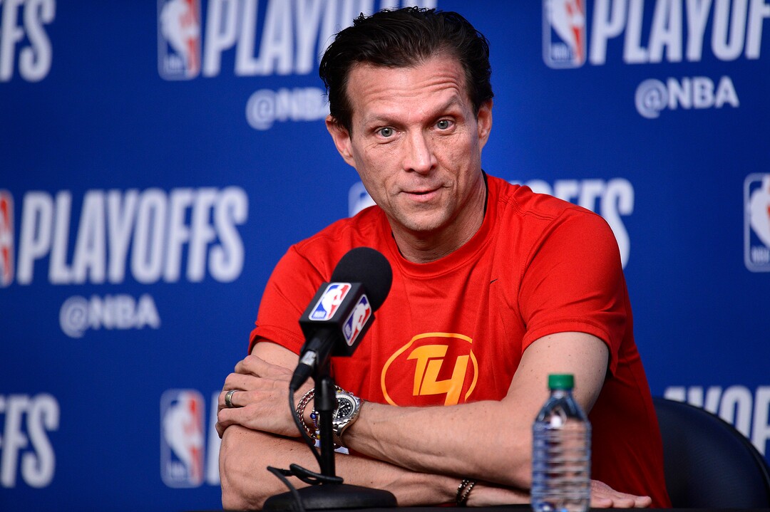 (Scott Sommerdorf | The Salt Lake Tribune)
Jazz head coach Quin Snyder speaks about Donovan Mitchell's put back dunk in game 2 during the press conference prior to game 3, Friday, May 4, 2018.