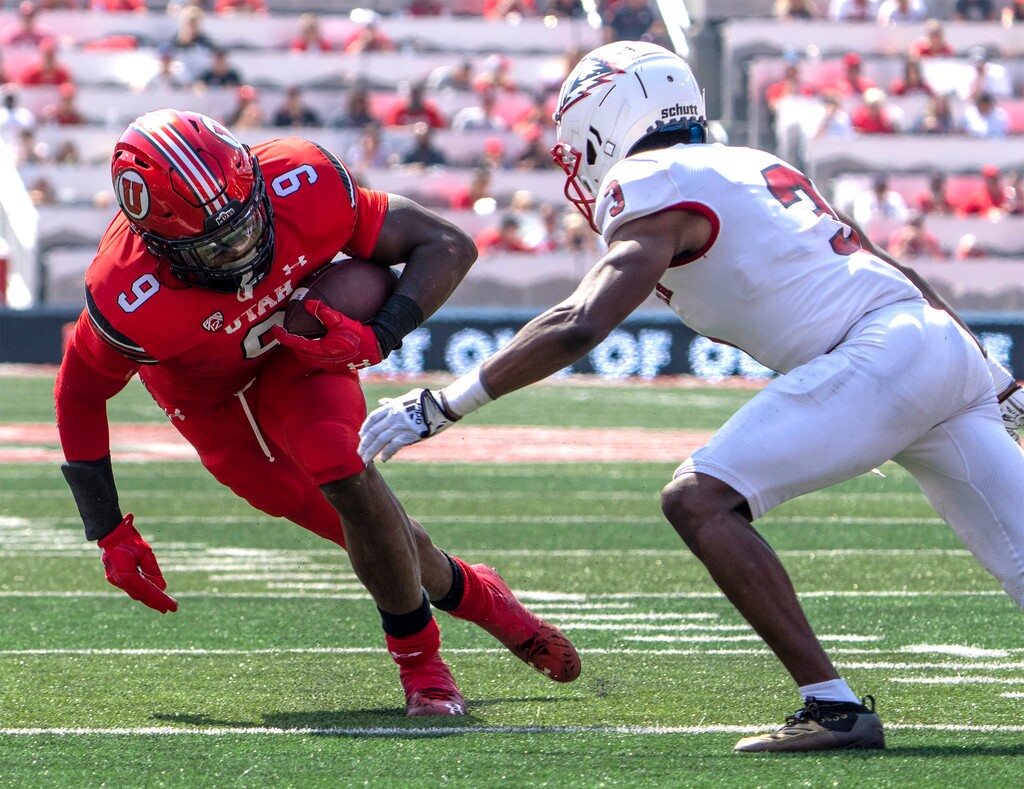 (Rick Egan | The Salt Lake Tribune) Southern Utah Thunderbirds safety Rodrick Ward (3) closes in on Utah Utes running back Tavion Thomas (9), in football action between the Utah Utes and the Southern Utah Thunderbirds, at Rice-Eccles Stadium, on Saturday, Sept. 10, 2022.