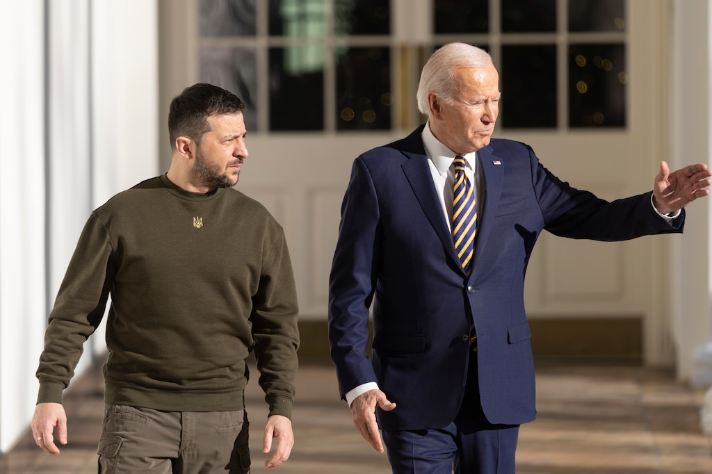 (Tom Brenner | The New York Times)

Ukrainian President Volodymyr Zelenskyy and U.S. President Joe Biden walk together at the White House in Washington on Wednesday, Dec. 21, 2022. “In a divided nation, we don’t often get to see the Congress rise up, virtually as one, with ovations, applause, many in blue dresses and yellow ties,” writes New York Times columnist David Brooks.