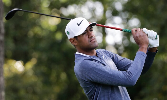 Tony Finau hits a drive on the second hole during the second round at the Masters golf tournament Friday, April 6, 2018, in Augusta, Ga. (AP Photo/David J. Phillip)