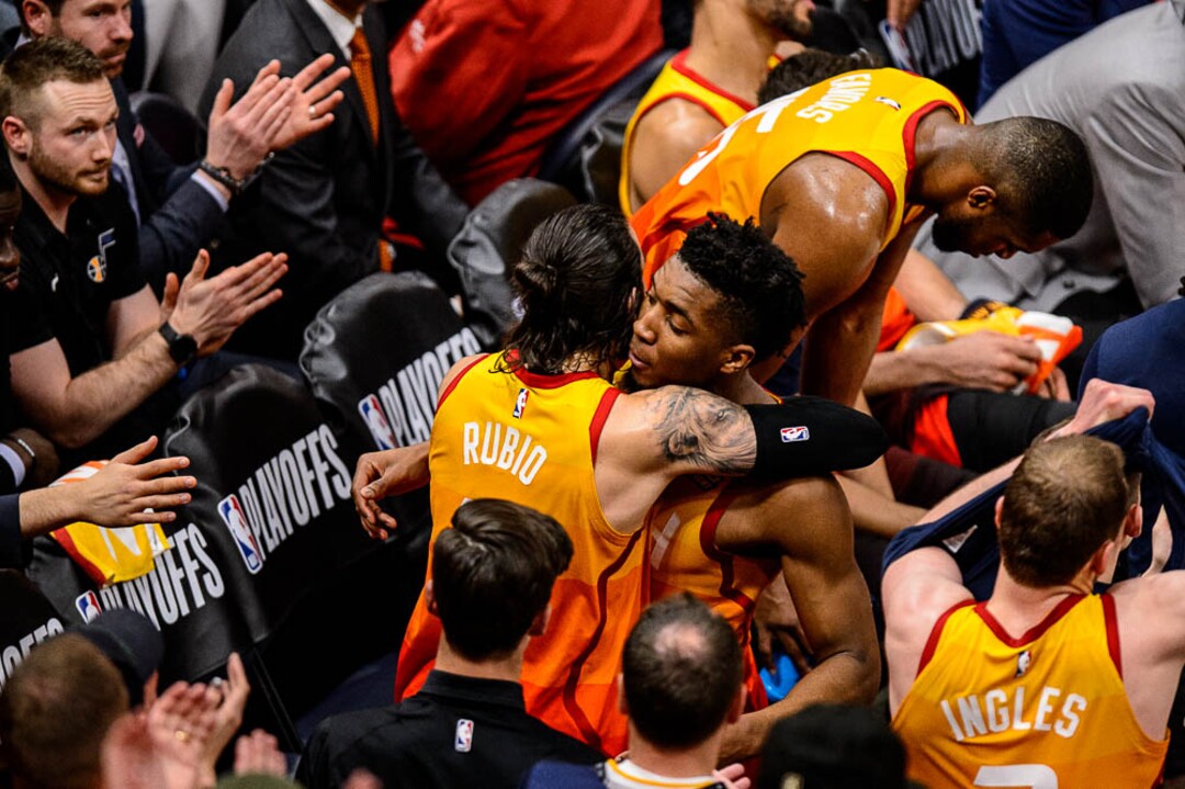 (Trent Nelson | The Salt Lake Tribune)  Utah Jazz host the Oklahoma City Thunder, Game 3, NBA playoff basketball in Salt Lake City, Saturday April 21, 2018. Utah Jazz guard Ricky Rubio (3) and Utah Jazz guard Donovan Mitchell (45) embrace.
