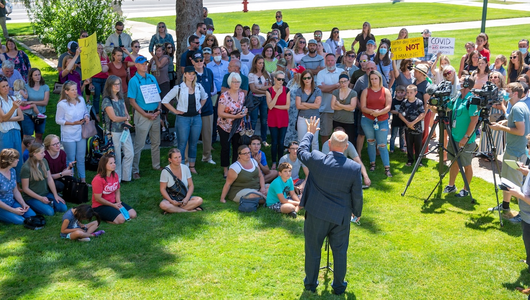 (Rick Egan  |  The Salt Lake Tribune)    Commissioner Bill Lee speaks during a rally protesting against masks being required in schools, before the Utah County Commission meeting in Provo, on Wednesday, July 15, 2020.
